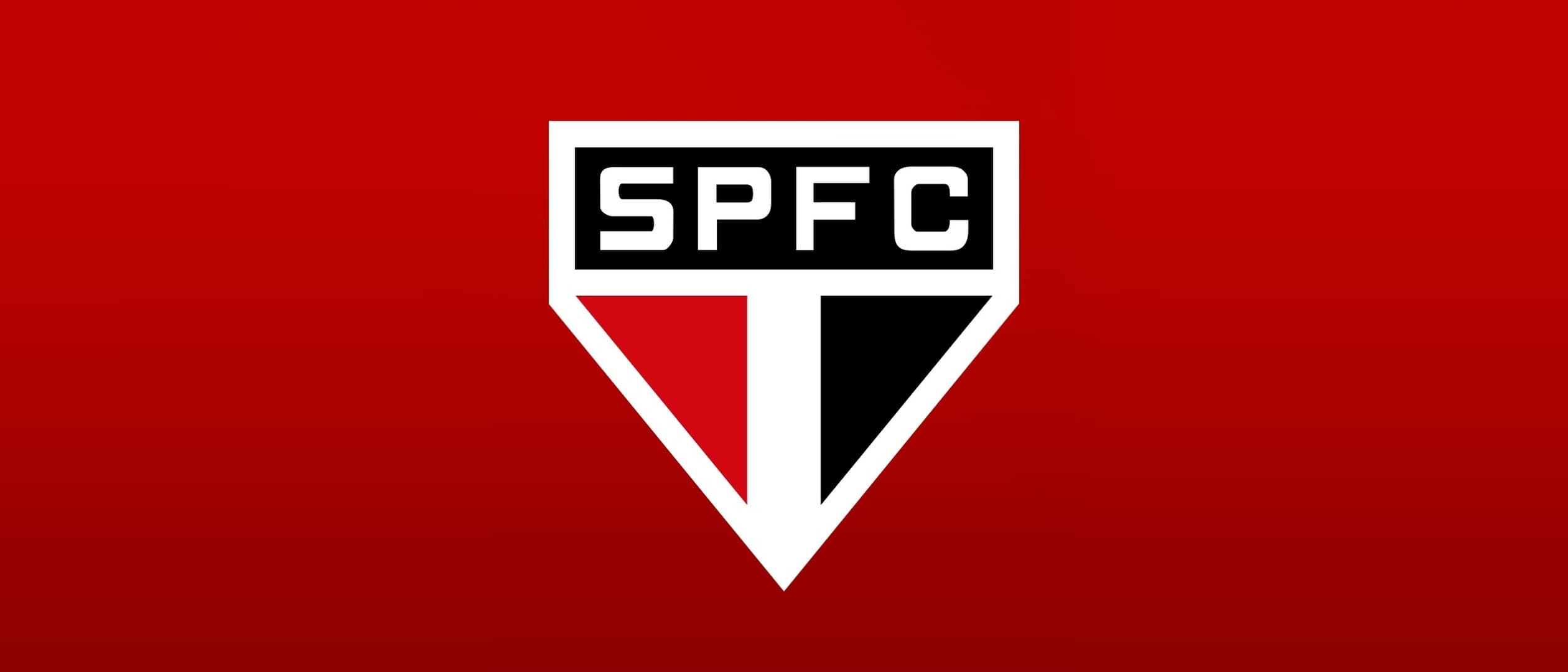 Escudo do São Paulo Futebol Clube sobre fundo vermelho.